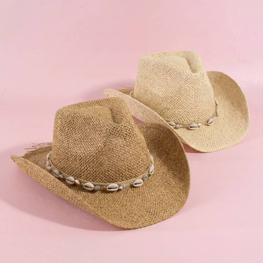 Paper Straw Cowboy Hat With Cowrie Shell Band