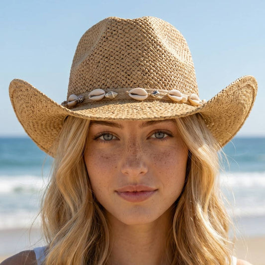 Paper Straw Cowboy Hat With Cowrie Shell Band