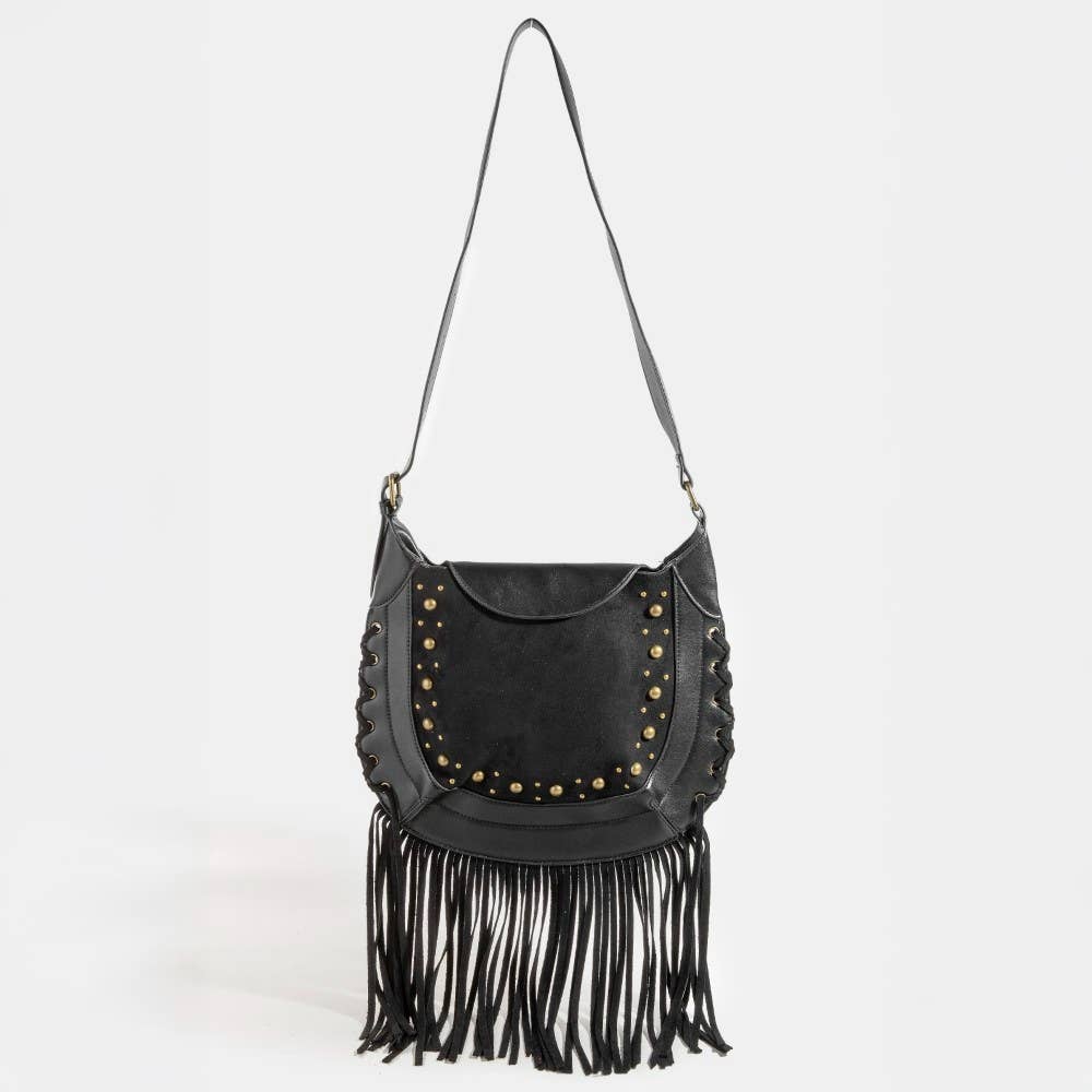Rivet Trim Suede Fringe Shoulder Bag