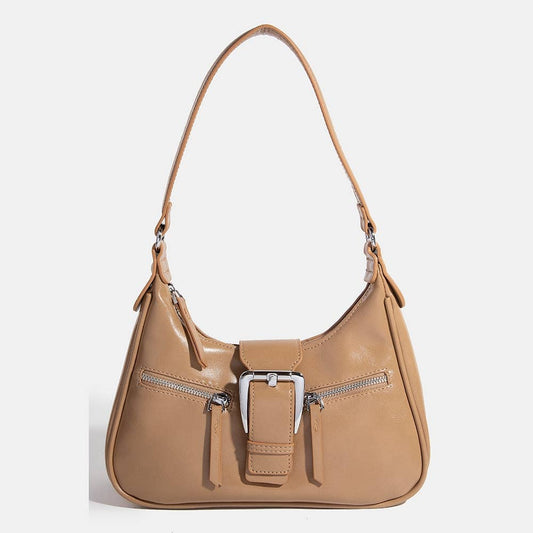 Large Buckle Triple Zipper Hand Bag - Khaki