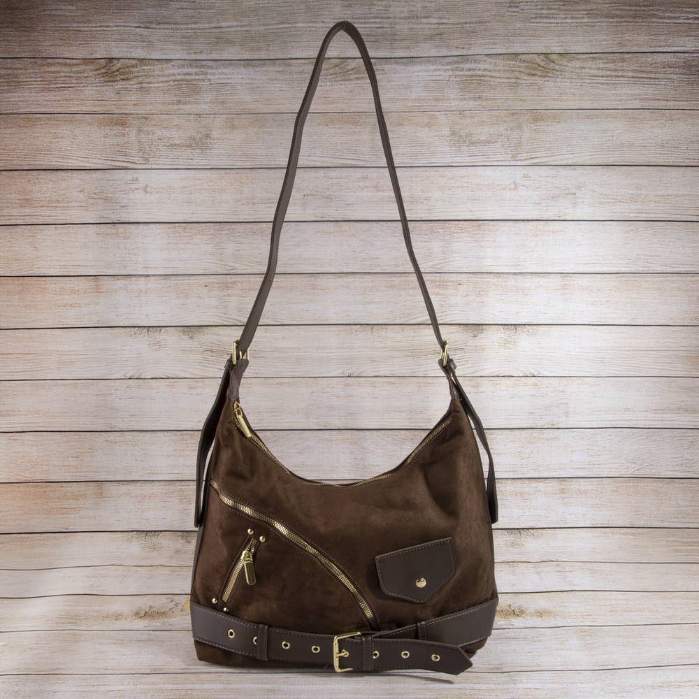 Suede Zip Detail Buckle Hobo Bag