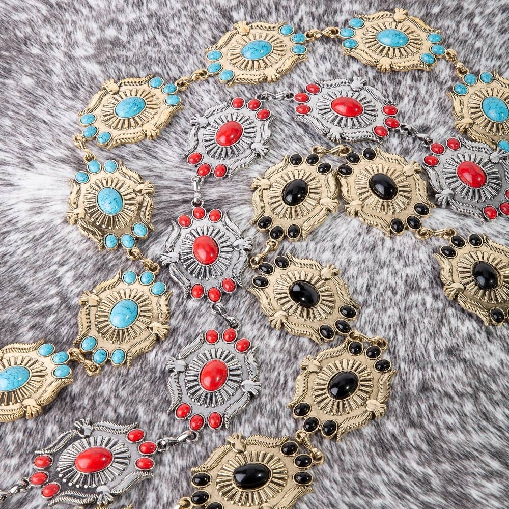 Intricate Stone Studs Concho Western Chain Belt