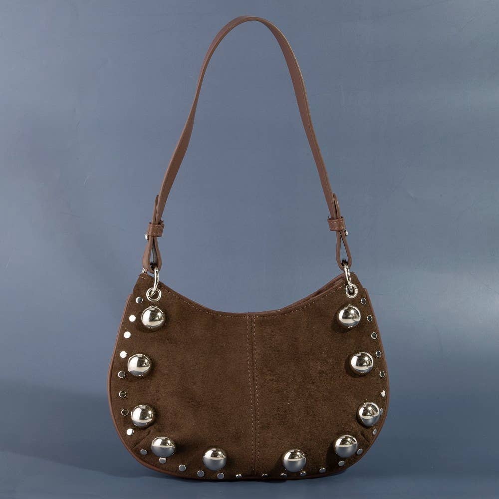 Ball Studded Trim Suede Hobo Shoulder Bag