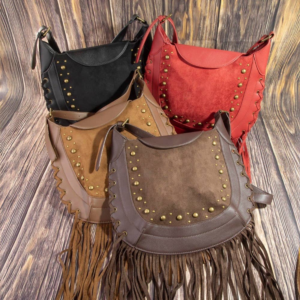 Rivet Trim Suede Fringe Shoulder Bag