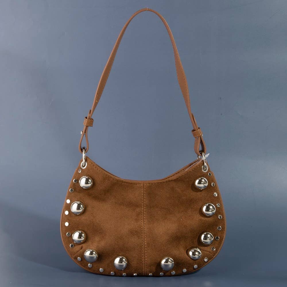 Ball Studded Trim Suede Hobo Shoulder Bag