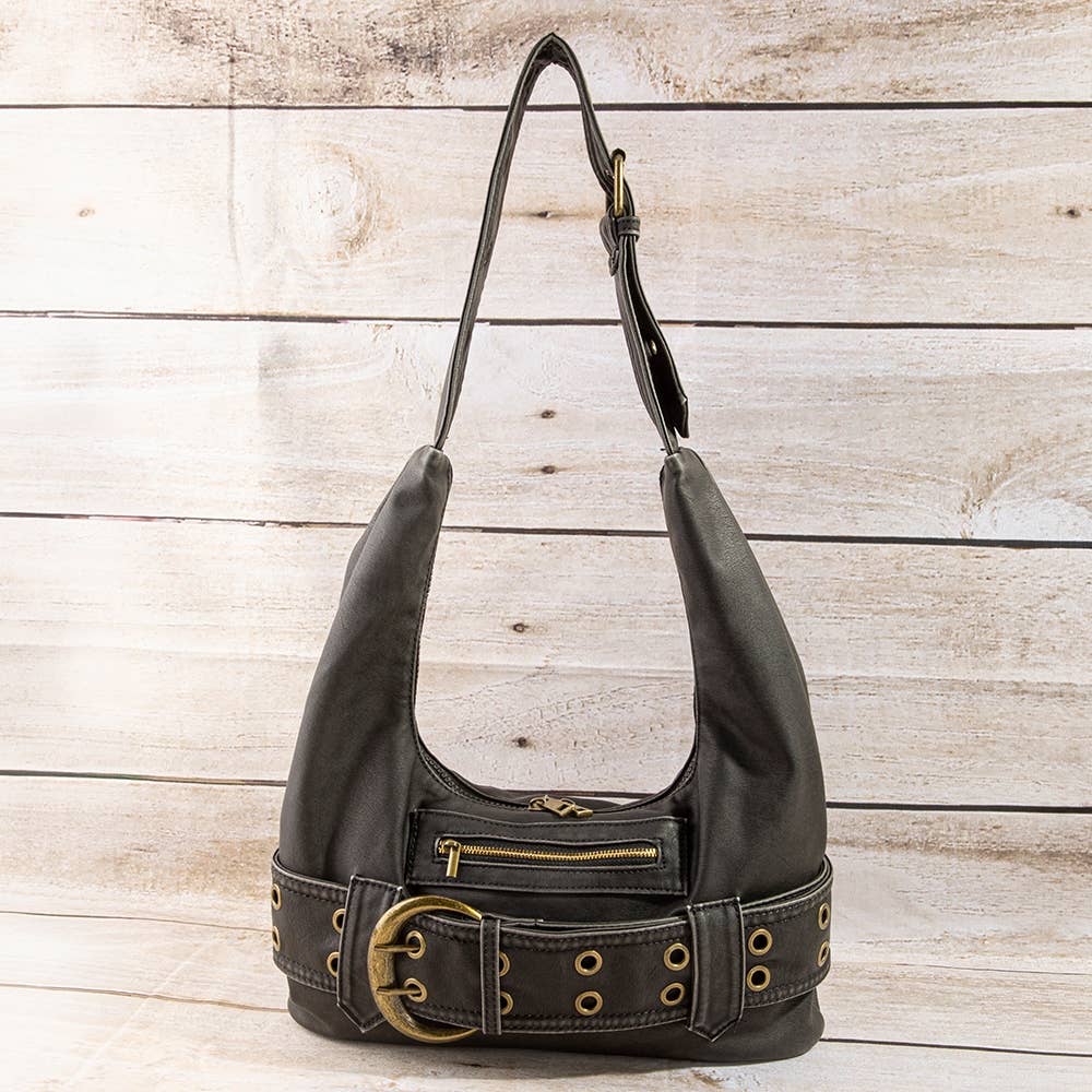 Faux Leather Belted Hobo Shoulder Bag