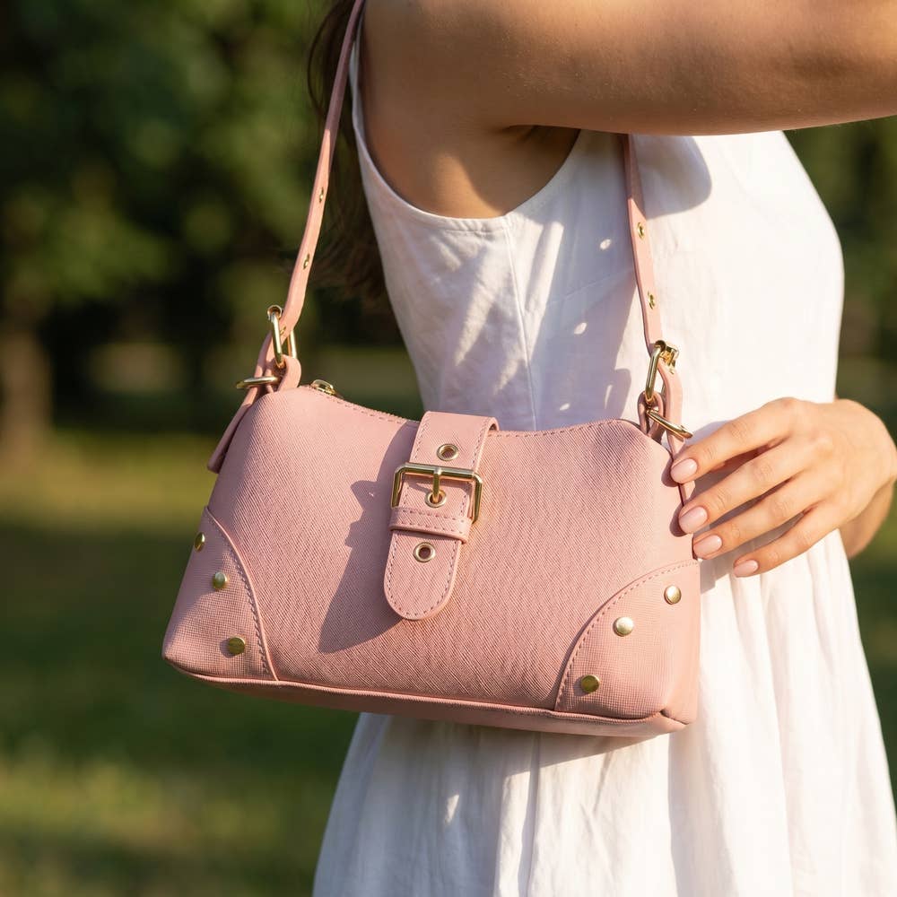 Studded Saffiano Buckle Strap Shoulder Bag