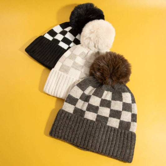 Checkered Pom Beanie