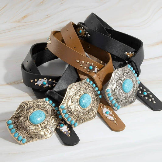 Turquoise Stone Western Concho Buckle Faux Leather Belt