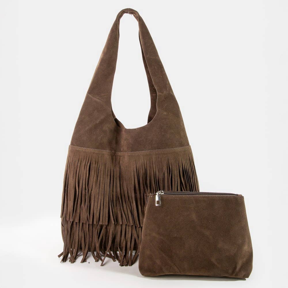 Suede Fringe Hobo Bag With Inner Zip Pouch