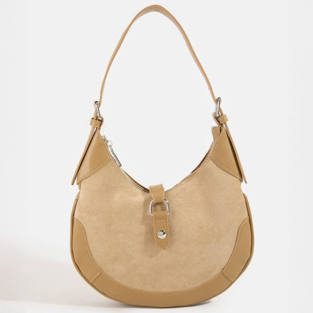 Faux Leather Accent Suede Crescent Shoulder Bag