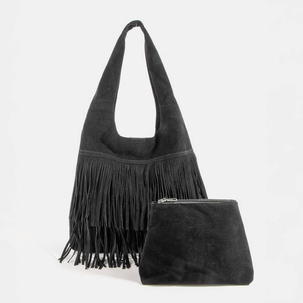 Suede Fringe Hobo Bag With Inner Zip Pouch