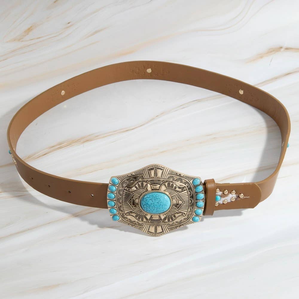 Turquoise Stone Western Concho Buckle Faux Leather Belt