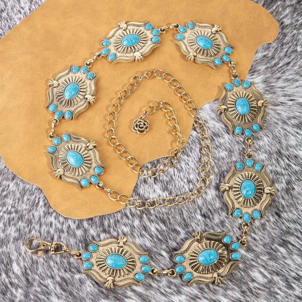 Intricate Stone Studs Concho Western Chain Belt