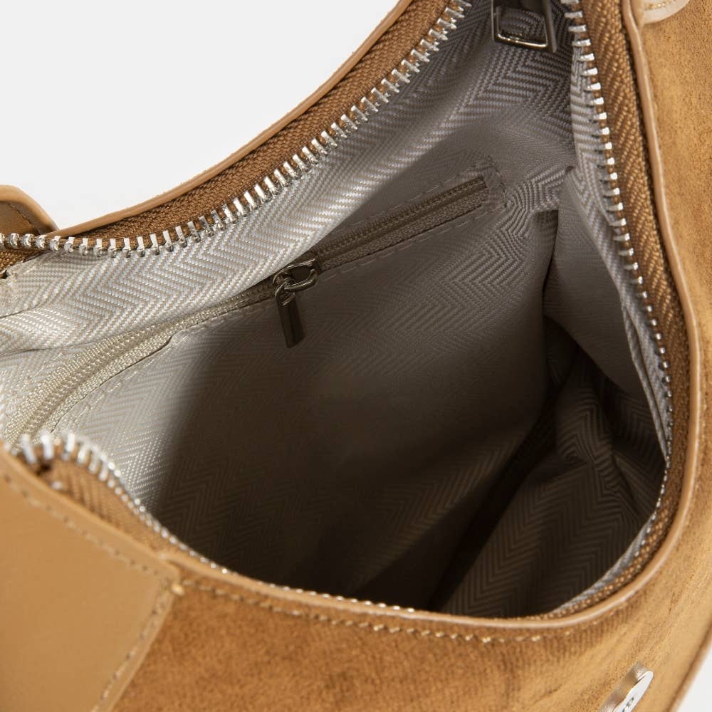 Faux Leather Accent Suede Crescent Shoulder Bag