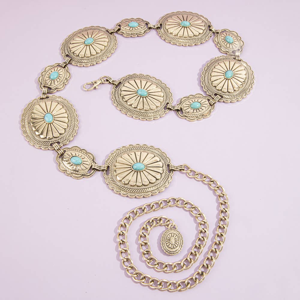 Sunburst Concho Chain Belt With Turquoise Stones