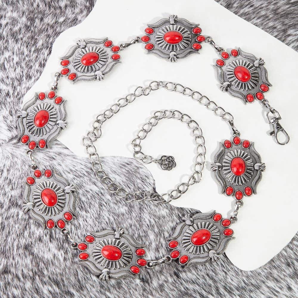 Intricate Stone Studs Concho Western Chain Belt