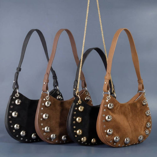Ball Studded Trim Suede Hobo Shoulder Bag