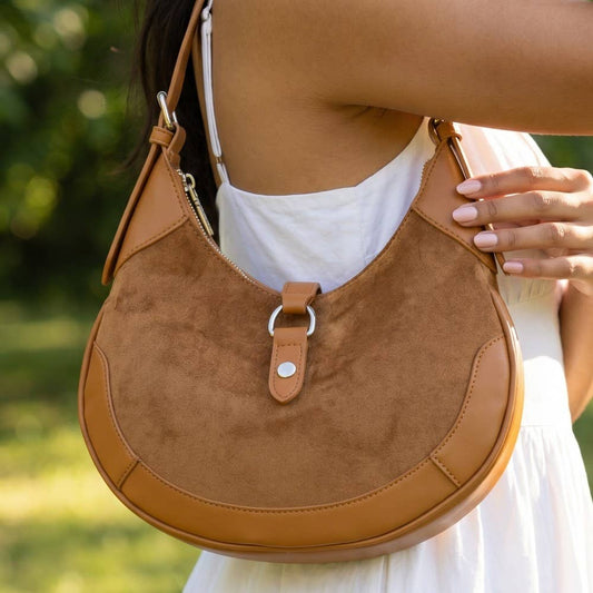 Faux Leather Accent Suede Crescent Shoulder Bag
