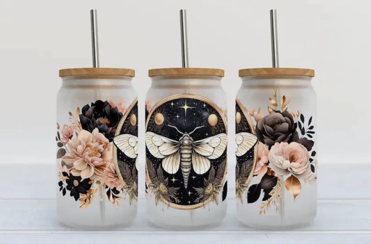 Frosty Glass Travel Cup - Moth with Flowers