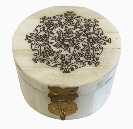 Engraved Round Bone Ring Box with Floral Design