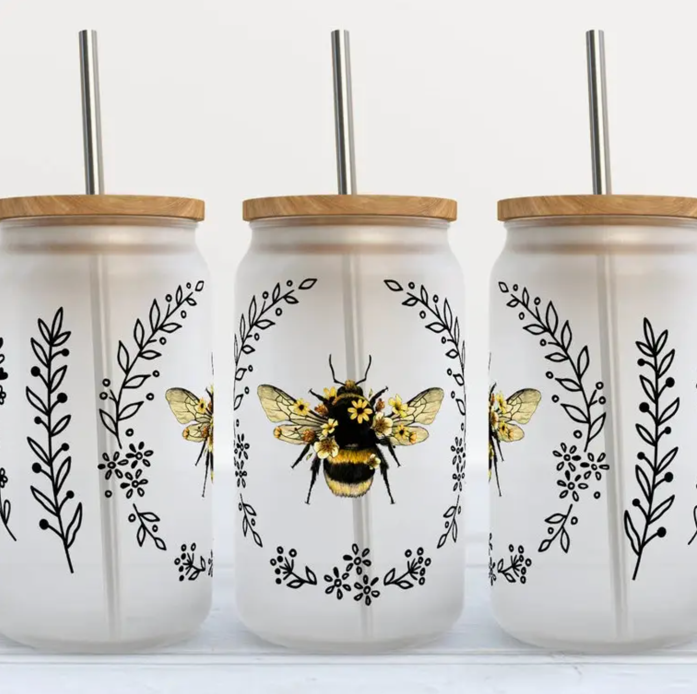 Bumble Bee Floral Glass Tumbler Cup