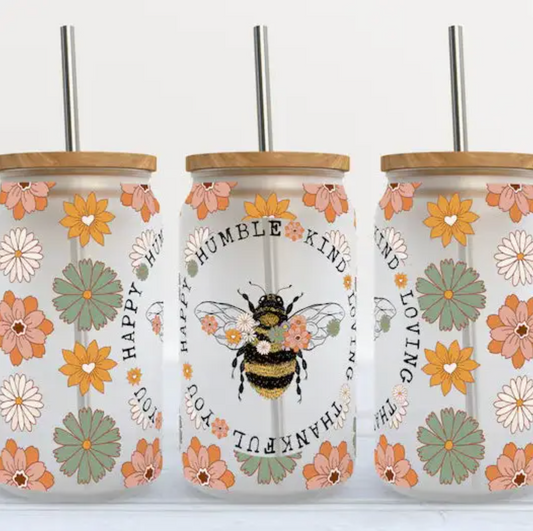 Bee Floral Happy Humble Frosted Glass Tumbler