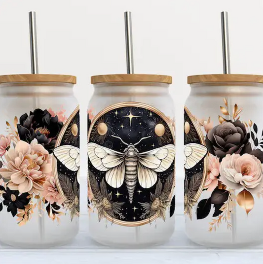 Moth with Flowers Frosted Glass Tumbler