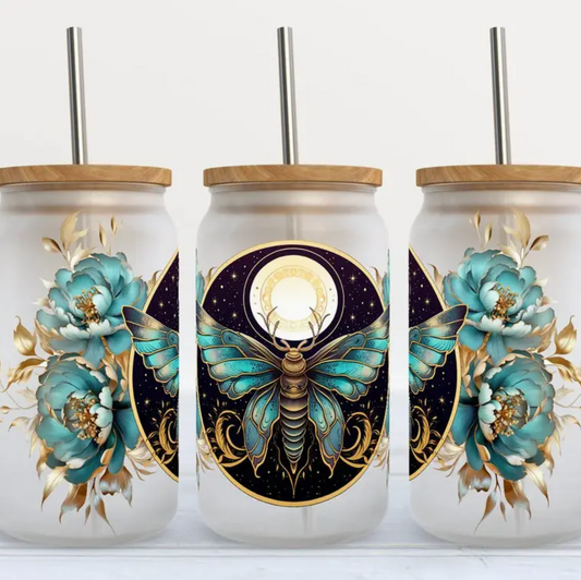 Moth with Blue Florals Frosted Glass Tumbler