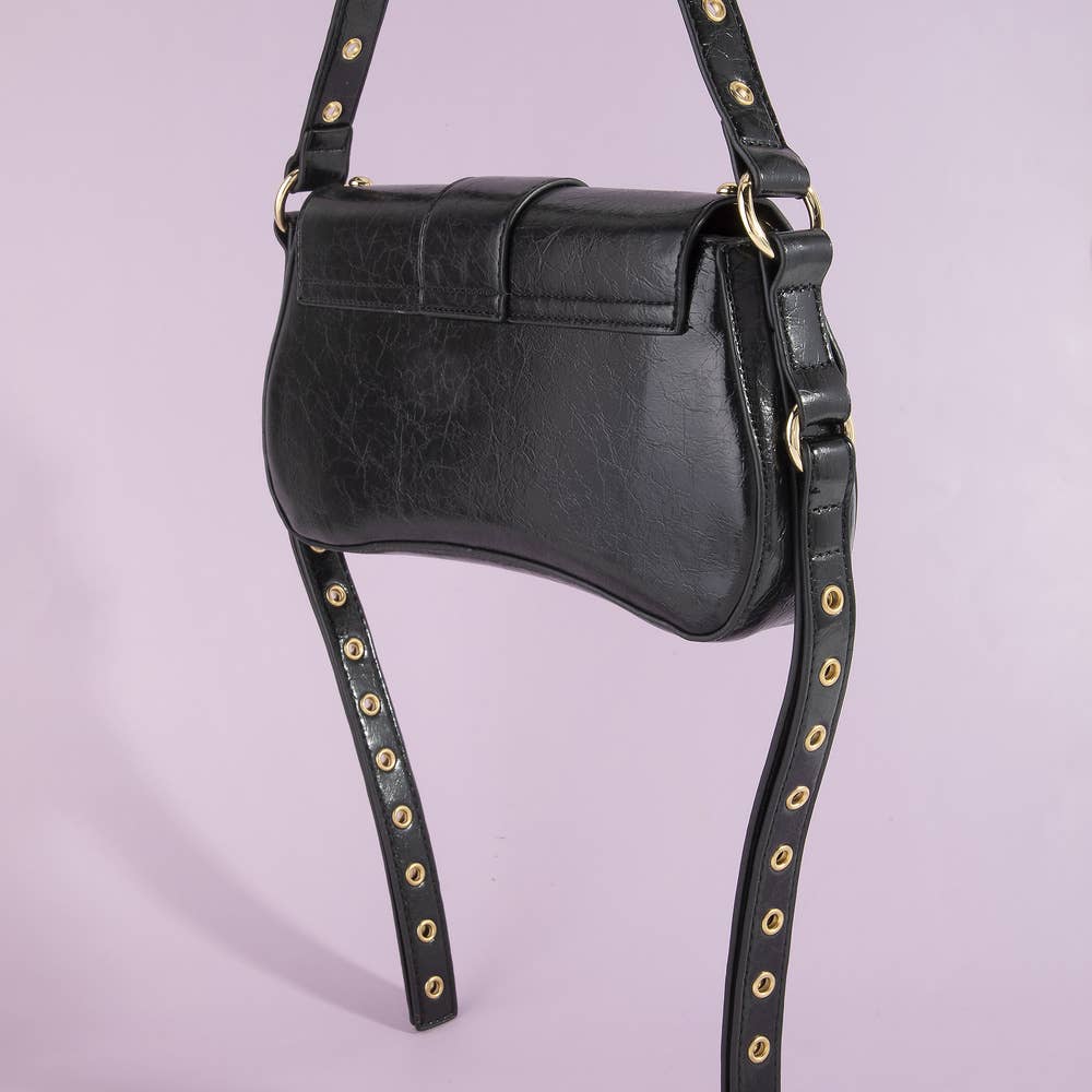 Studded Grommet Strap Buckle Flap Shoulder Bag