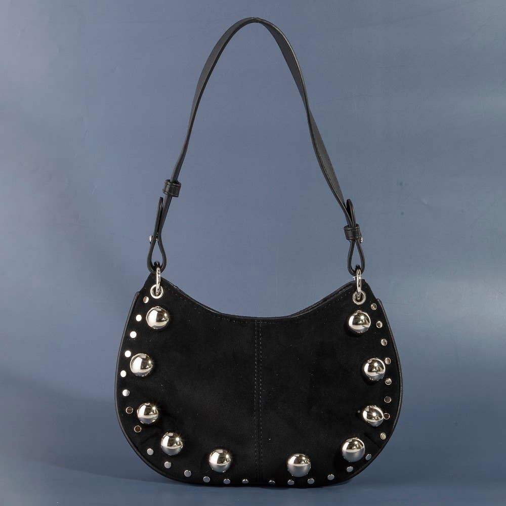 Ball Studded Trim Suede Hobo Shoulder Bag
