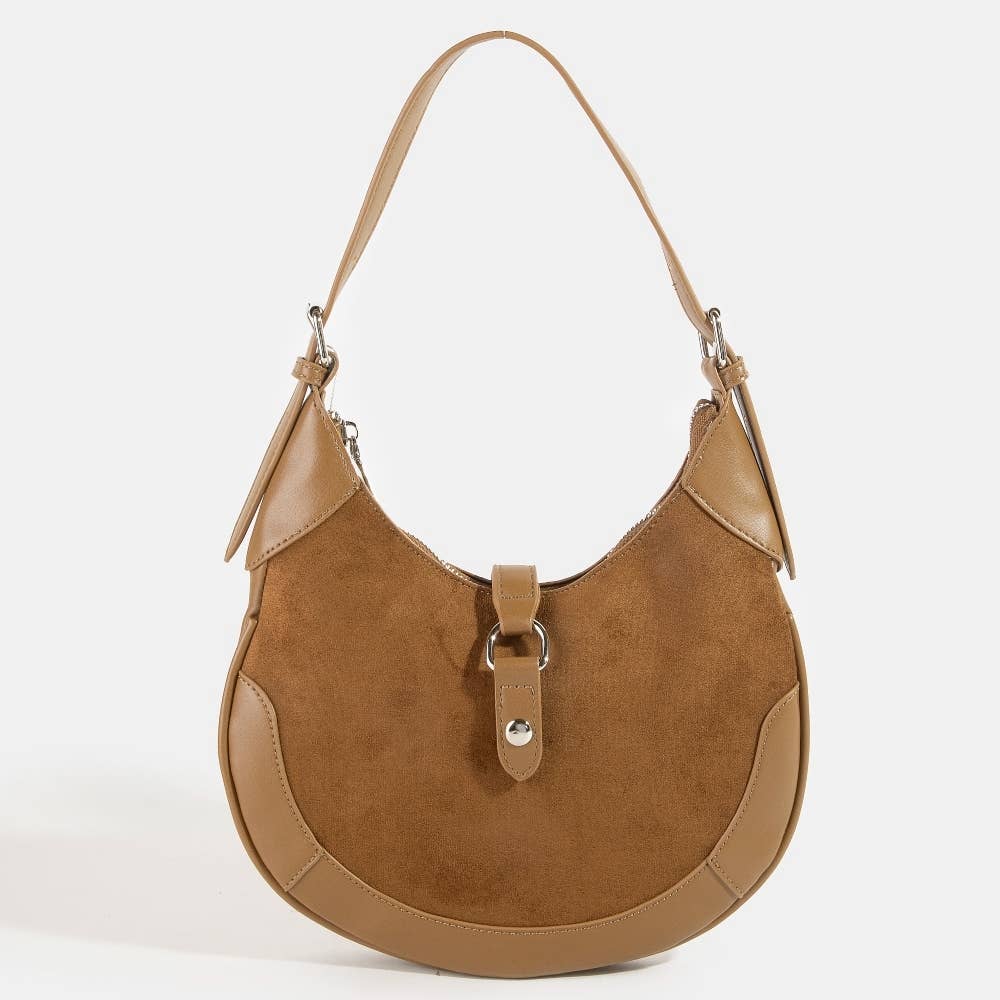 Faux Leather Accent Suede Crescent Shoulder Bag