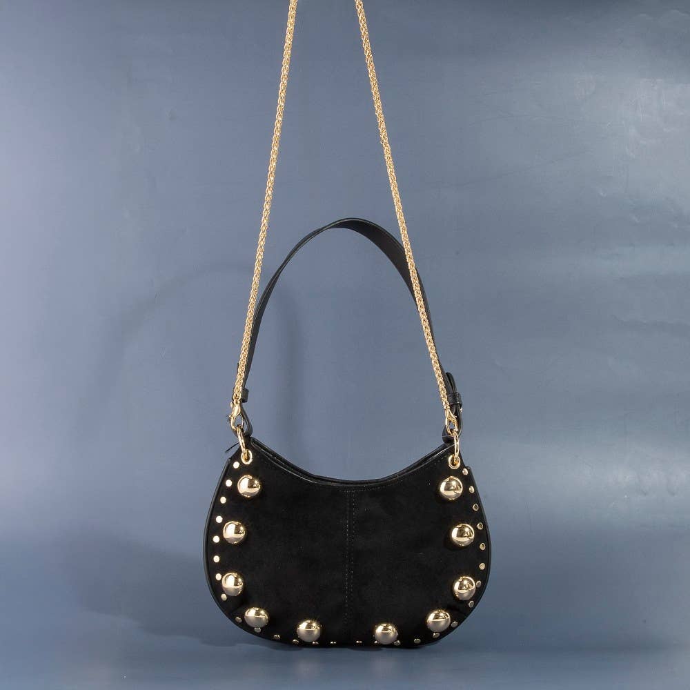 Ball Studded Trim Suede Hobo Shoulder Bag