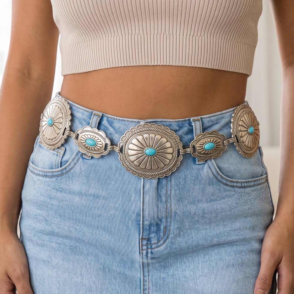 Sunburst Concho Chain Belt With Turquoise Stones