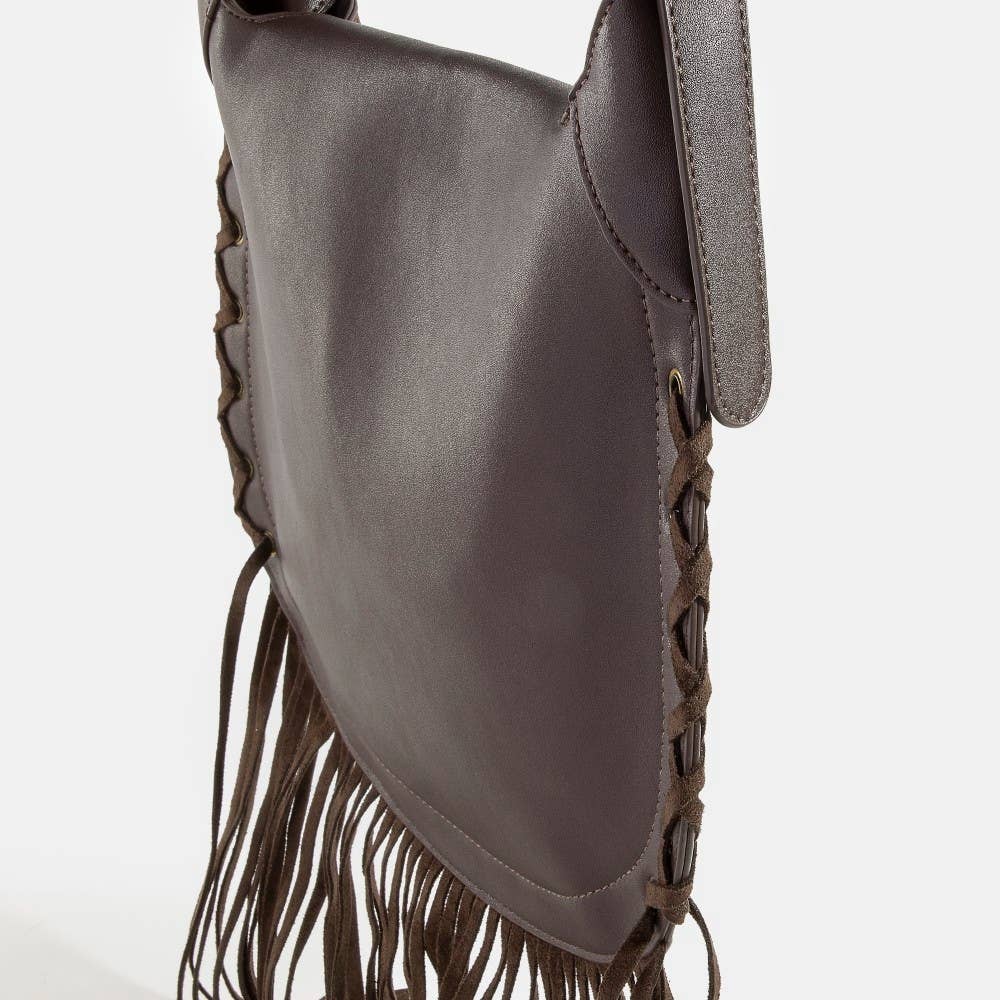 Rivet Trim Suede Fringe Shoulder Bag