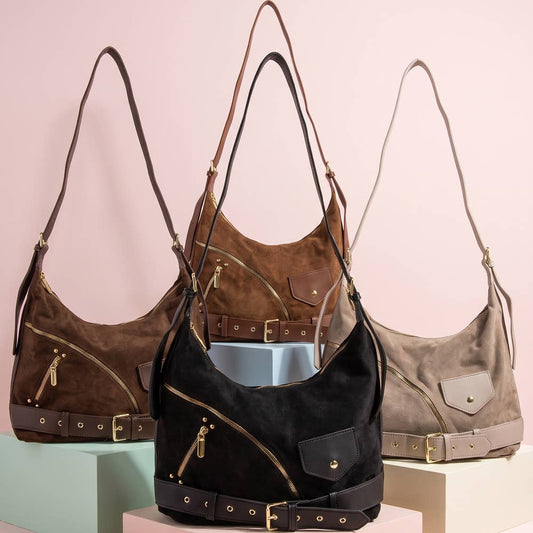 Suede Zip Detail Buckle Hobo Bag