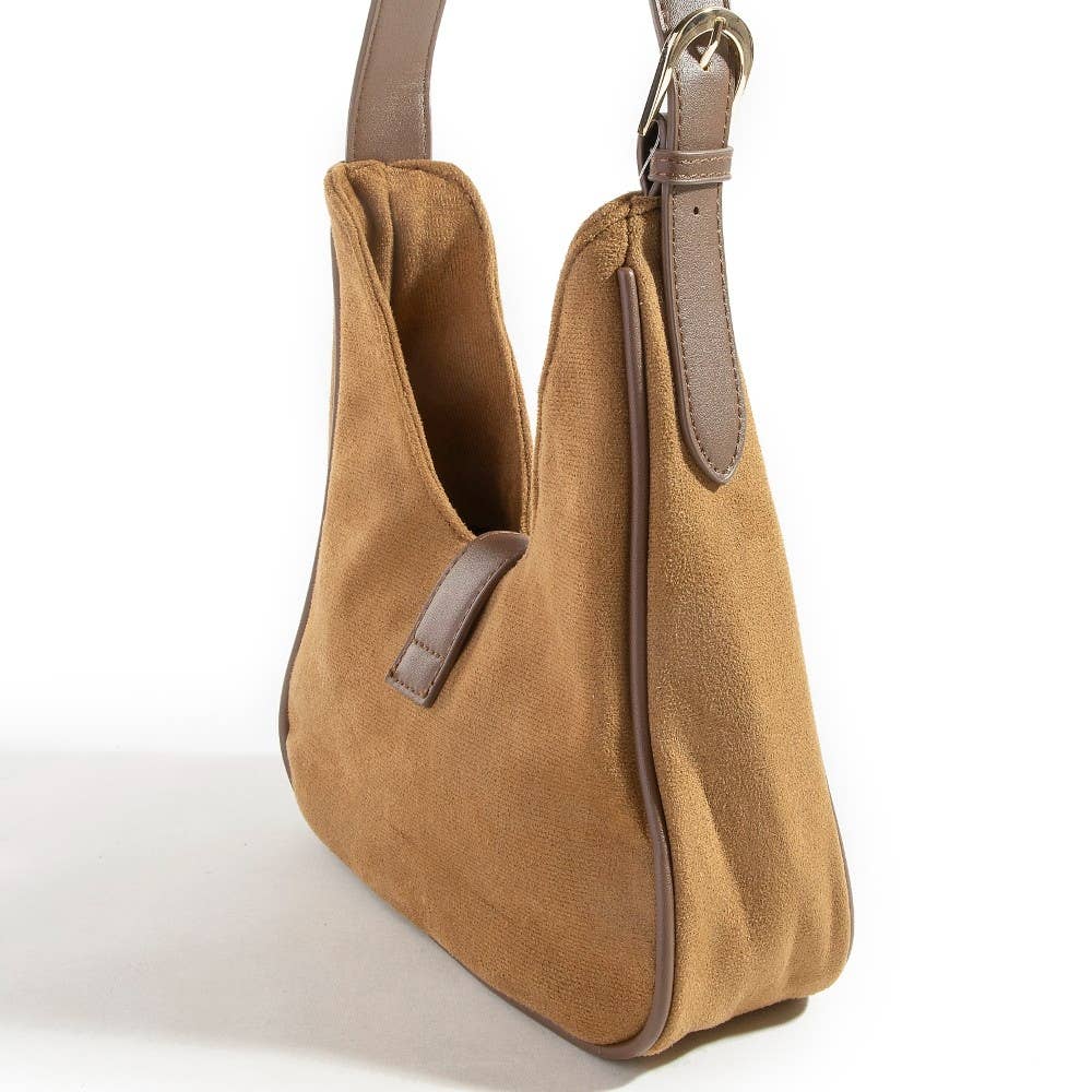 Buckle Accent Faux Suede Hand Bag - Light Brown