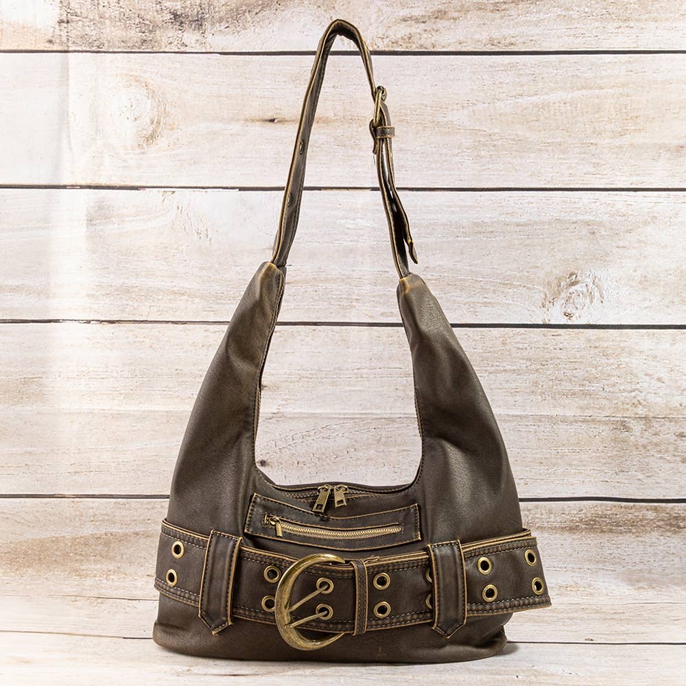 Faux Leather Belted Hobo Shoulder Bag