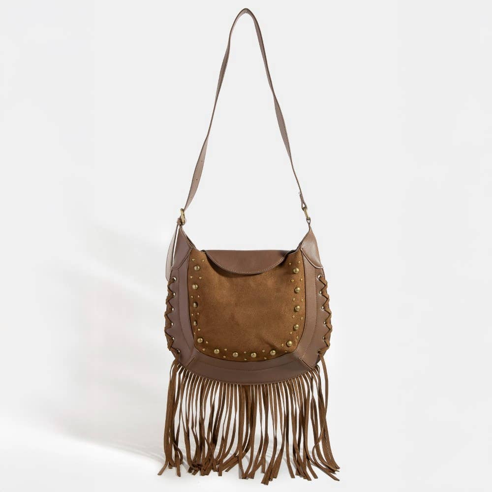 Rivet Trim Suede Fringe Shoulder Bag