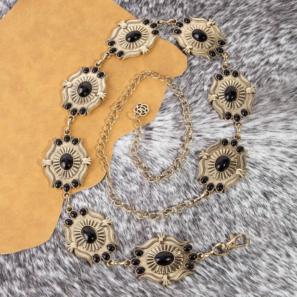 Intricate Stone Studs Concho Western Chain Belt