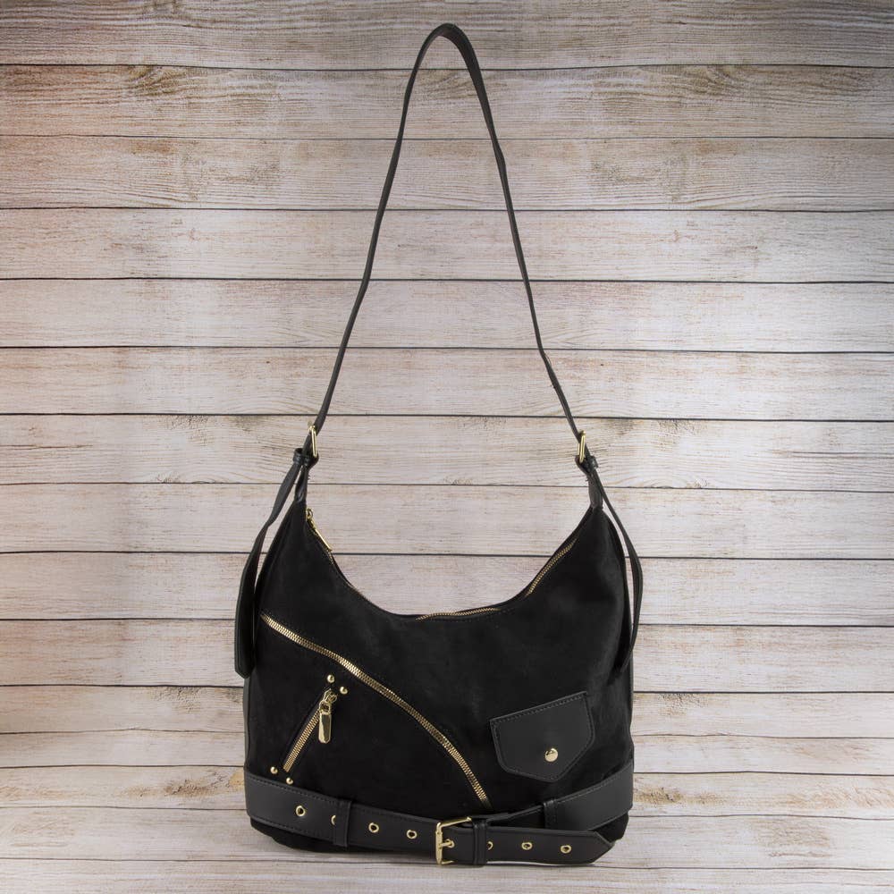 Suede Zip Detail Buckle Hobo Bag