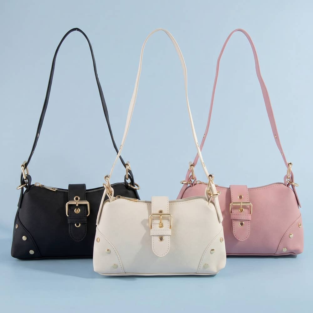 Studded Saffiano Buckle Strap Shoulder Bag