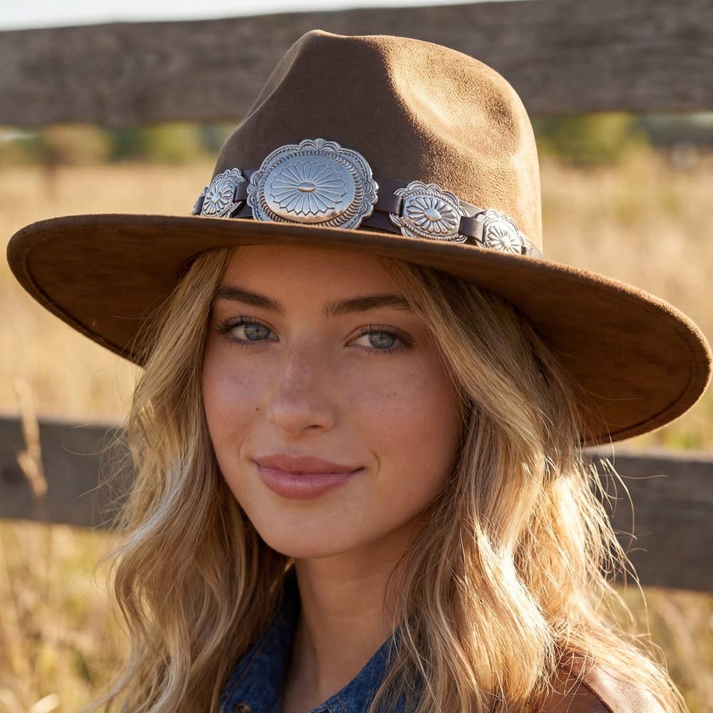 Oversized Concho Band Western Hat - Dark Brown