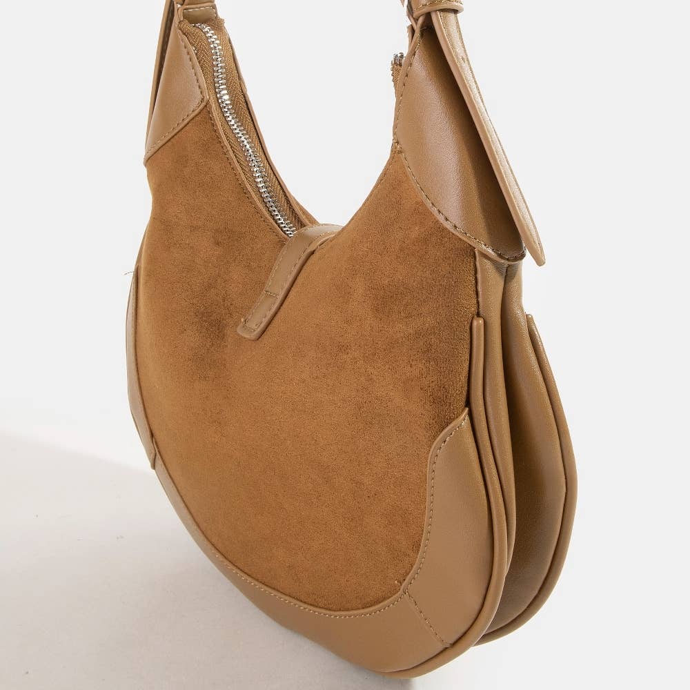 Faux Leather Accent Suede Crescent Shoulder Bag