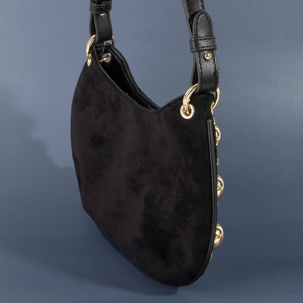 Ball Studded Trim Suede Hobo Shoulder Bag