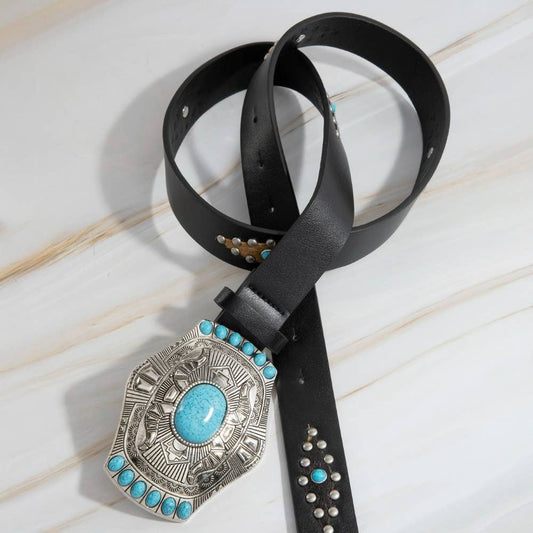 Turquoise Stone Western Concho Buckle Faux Leather Belt