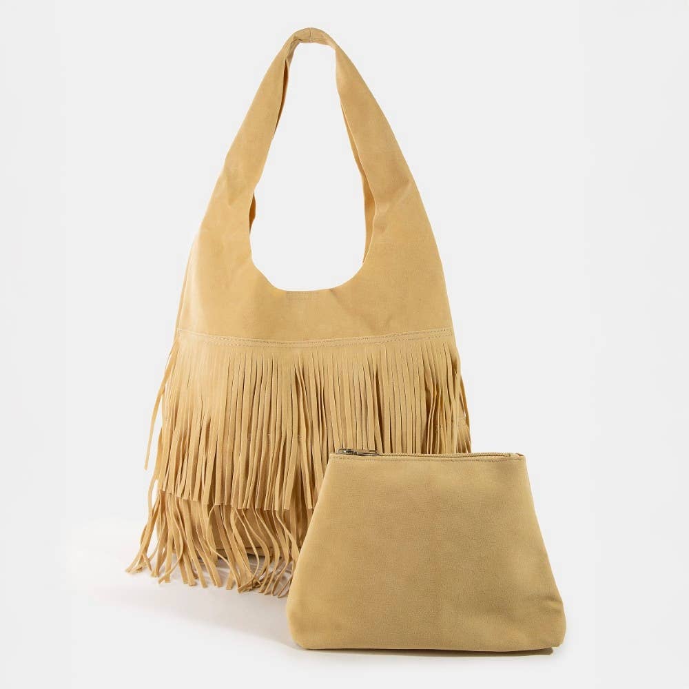 Suede Fringe Hobo Bag With Inner Zip Pouch